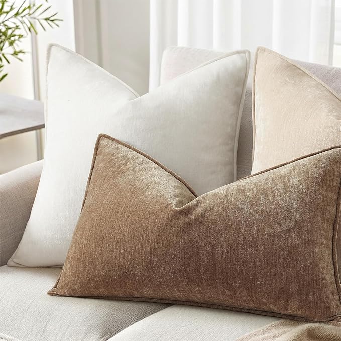 decorUhome Summer Couch Throw Pillow Covers 12x20 Set of 2, Decorative Soft Velvet Modern Cozy Chenille Lumbar Pillow Cases with Elegant Design for Sofa Bed Living Room Home Decor, Brown