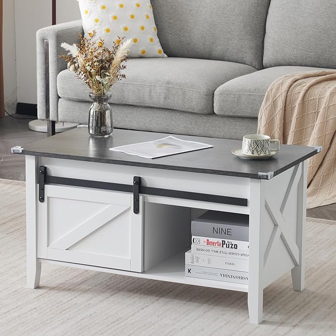 VINGLI Farmhouse Lift Top Coffee Table, Rustic Grey with Storage Shelf/Hidden Compartment, Mesa De Centro para Sala, Rustic Brown (White Charcoal, 36" L)