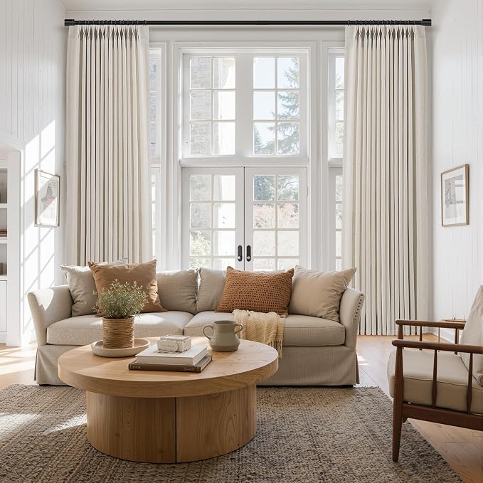 Vanilla Pinch Pleated Linen Curtains 84 Inches Long for Living Room Bedroom Pinch Pleat Drapes Rings Hooks Back Tab Light Filtering Boho Farmhouse Semi Sheer 84 Inch Curtain for Dining Room 40x84