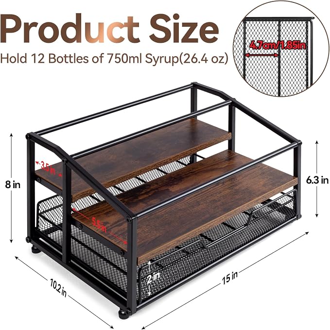 kimilus Coffee Syrup Rack Organizer, 3-Tier 8 Bottle Syrup Rack with 35 K Cup Drawer for Coffee Bar, Countertop Bottle Holder Stand for Dressing for Kitchen Cafe Station