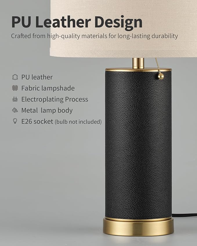 KDG 23.4" Black PU Leather Table Lamps for Living Room Set of 2, E26 Socket LED Modern Home Decor Fabric Lampshade Desk Lamp Lighitng for Bedroom, Bedside, Farmhouse, Nightstand, Night Light