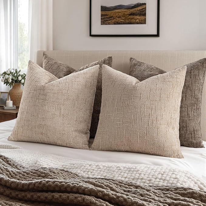 MIULEE Textured Throw Pillow Covers Thick Chenille Decorative Pillows Oatmeal 20x20 Inch Set of 2 Modern Boho Farmhouse Home Decor Neutral Cushion Covers for Couch Sofa Living Room Bedroom