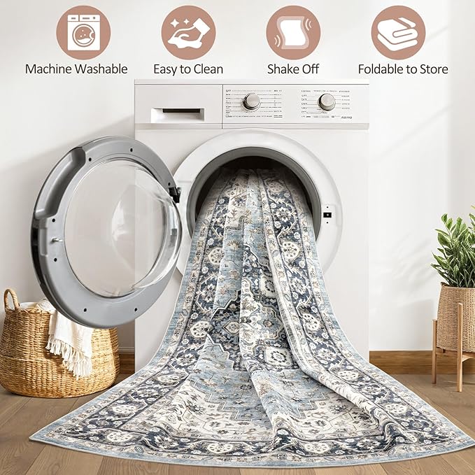 5x8 Area Rugs Living Room: Washable Boho Large Neutral Vintage Soft Rug Stain Resistant Farmhouse Non-Slip Indoor Floor Carpet for Bedroom Nursery Kids Playroom Office Dining Room- Blue Tan