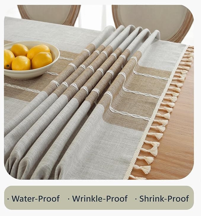 Alsoo Outdoor Tablecloth for 6 Foot Rectangle Tables, Waterproof Cotton Linen Fabric Table Cloth Rustic Farmhouse Boho for Summer Camping Party Dining, Coffee Lines - 55 x 90 Inch