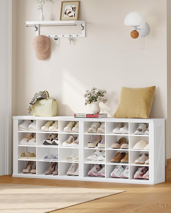 Hzuaneri Farmhouse Shoe Storage Bench, Entryway Shoe Cubby Bench, Widened Wooden Shoes Cubbies with Compartments, Shoes Rack Benchs for Cloakroom, Living Room, White SB52503X
