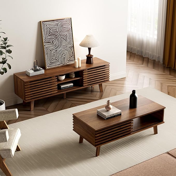 Furniway Mid Century Modern Coffee Table, Wood Coffee Table with Storage, Farmhouse Table for Living Room, Apartment, Walnut