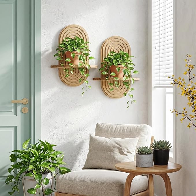 Heiple Set of 2 Boho Arched Floating Shelves 15.7”x 7.8” Plant Wooden Hanging Shelf for Living Room Bedroom Nursery Mid Century Modern Wall Decor Office Holding Planter (Brown, 11.7 * 15.7)