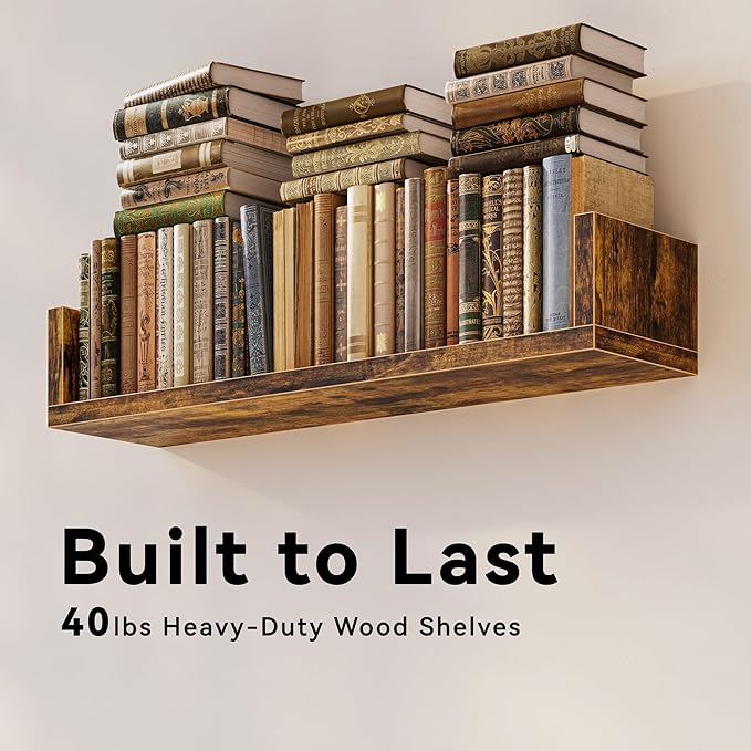 Floating Bookshelves for Wall - Wall Mounted Bookshelf Set of 4, U-Shaped Hanging Bookshelf for Bedroom, Living Room & Office, Wall Book Shelf for Home Decor & Storage (4, Rustic Brown, 17 Inches)