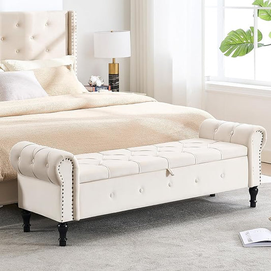 Storage Bench for Bedroom, Velvet 67" End of Bed Bench, King Size Bench with Rolled Arms, Tufted Storage Ottoman Benches, Upholstered Bench for Bedroom, Living Room, Entryway, Beige