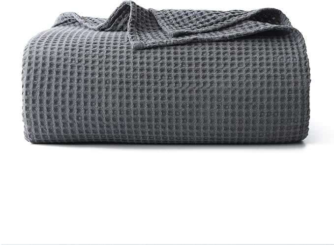 100% Cotton Waffle Blanket (Dark Grey - Queen Size - 90 * 90''), Pre-Washed and Anti-Shrinkage Soft Lightweight Bed & Couch Blanket, 380 GSM Waffle Weave Throw Blanket for All Seasons