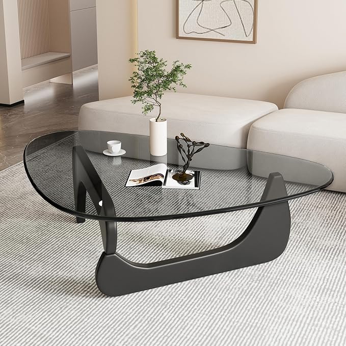 Glass Coffee Table for Living Room Mid Century Modern Coffee Tables Tempered Glass + Solid Wood Base Oval Small Center Table for Small Spaces Unique Triangle Coffee Table Abstract Cocktail Tables