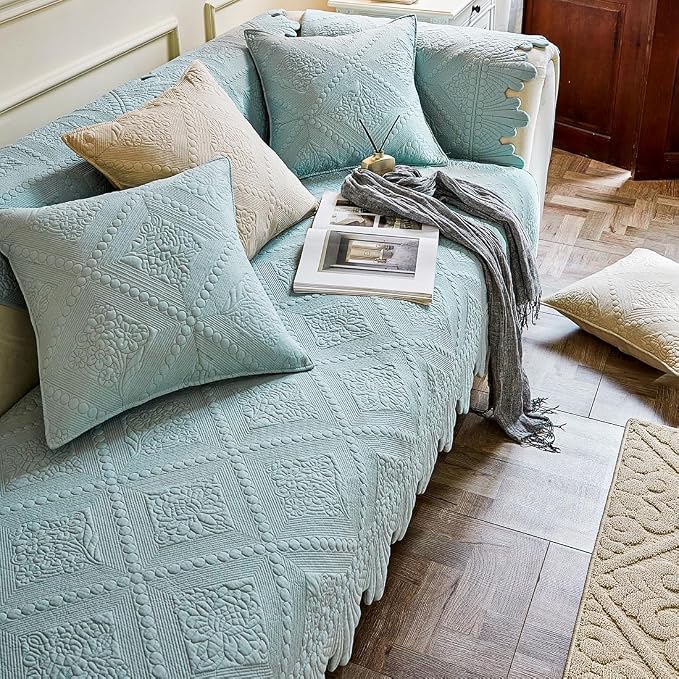 vctops Neutral Cotton Quilted Couch Sofa Cover Floral Embroidery Non-Slip Sectional Couch Covers Soft Cozy Sofa Slipcover for Dogs Cats Pet Armrest Backrest Cover (Blue,36"x94")