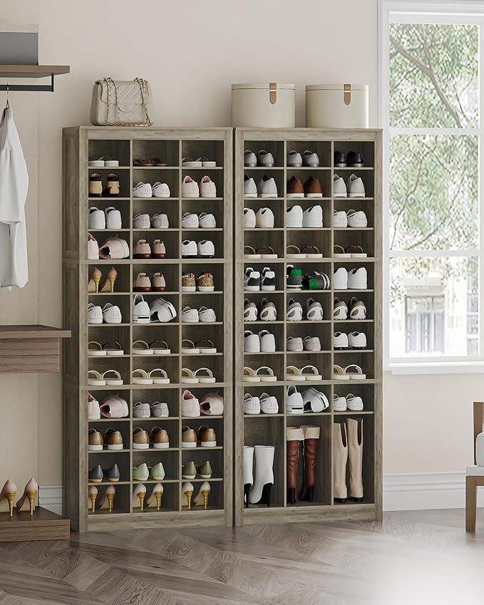 Hzuaneri Shoe Storage Cabinet, 36 Pairs Free Standing Closet Organizer, 8.8 inch Widened Cell Wood Shoe Organizer, 12 Tiers Vertical Space Saving Shoe Rack for Entryway, Cloakroom, Greige SR20705B