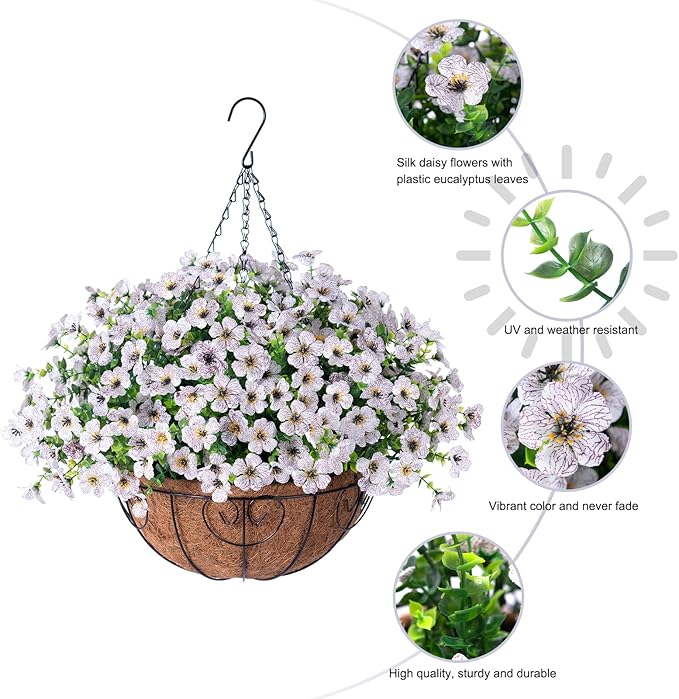 HyeFlora Artificial Fake Hanging White Plants Flowers Basket for Outdoor Fall Winter, Faux Silk Daisy in Planter Realistic UV Resistant for Christmas Outside Porch Home Patio Balcony Yard Decoration