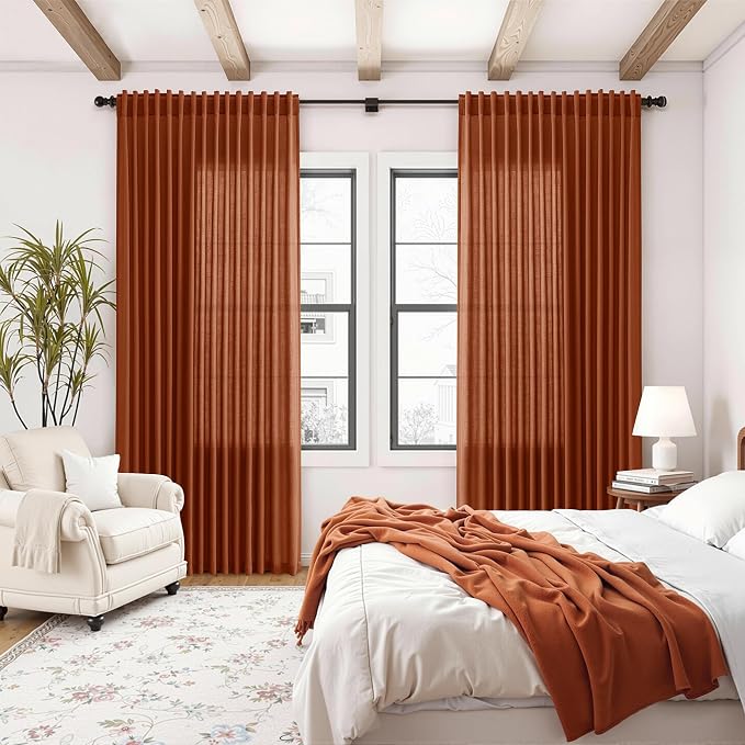 Nanspring Extra Wide Terracotta Curtains for Living Room 96 Inches Long Back Tab and Rod Pocket Linen Light Filtering Semi Sheer Farmhouse Boho Curtain for Bedroom Office Luxury 100x96, 2 Panels