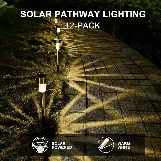Dream Master Solar Lights Outdoor Waterproof, Stainless Steel LED Landscape Lighting, Solar Garden Lights, Outdoor Christmas Decorations for Yard, Pathway, Walkway, Patio, Lawn - 12Pack(Warm White)