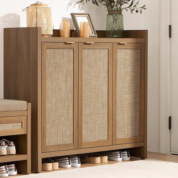SICOTAS Shoe Storage Cabinet Set of 2, Large Tall Shoe Cabinet, Rattan Shoe Cabinet Storage for Entryway, Farmhouse Cabinet with Doors and Adjustable Shelves for Entryway Hallway Living Room