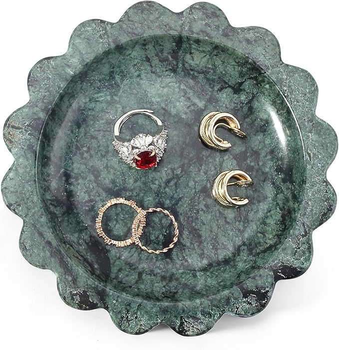 Koville 5.51" Scalloped Marble Tray, Round Stone Jewelry Trinket Dish for Ring, Natural Small Marble Tray for Bathroom Kitchen Dresser Countertop, Decorative Candle Tray(Green)