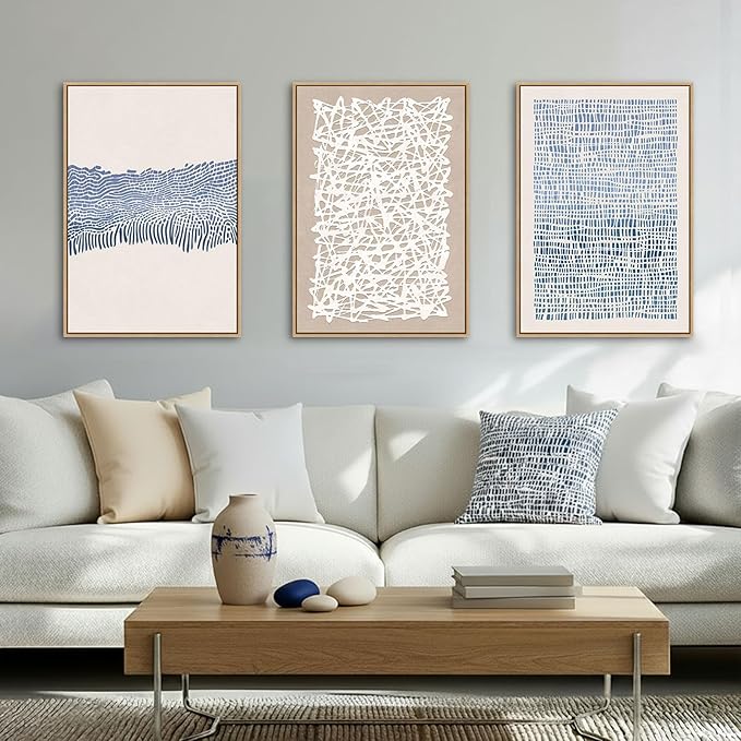 SAFERRYHOME Mid Century Neutral Blue Contrast Boho Wall Art - Modern Framed Canvas Prints Large Abstract Zen Lines Geometric Pattern Decor for Living Room, Home Office, Dining Room - 3 Pieces 24x36 Inch