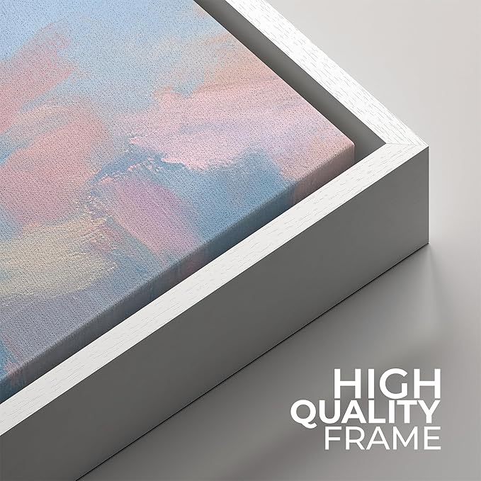 SIGNFORD Framed Canvas Print Wall Art Set Pastel Impressionist Landscape Artwork, Soft Blue Pink Illustrations Modern Art Minimal Relax/Calm for Living Room, Bedroom, Office - 16"x16"x2 WHITE