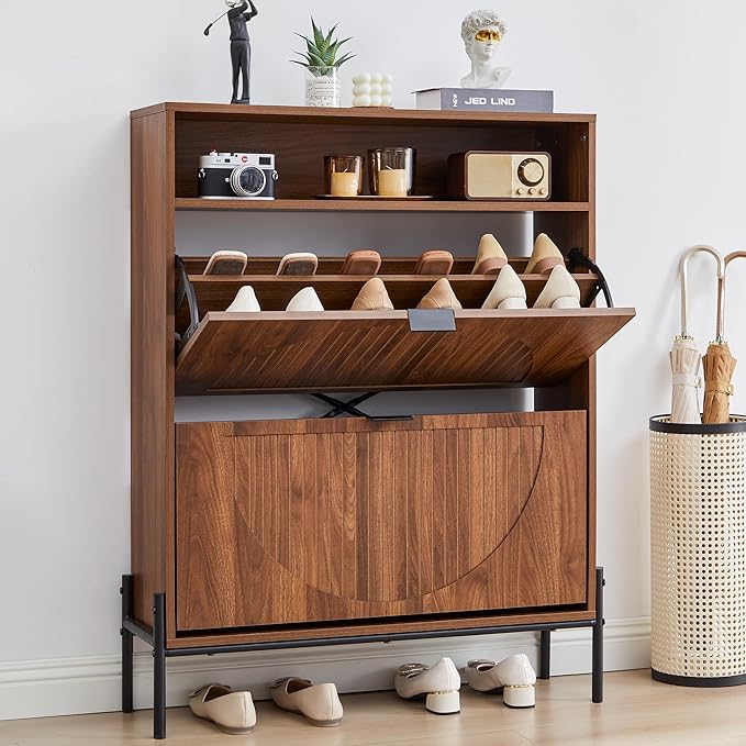 FurSch Fluted Shoe Cabinet with 2 Flip Drawers, Narrow Shoes Storage Organizer Rack with Circle Design Panel for Entryway Hallway (Walnut)