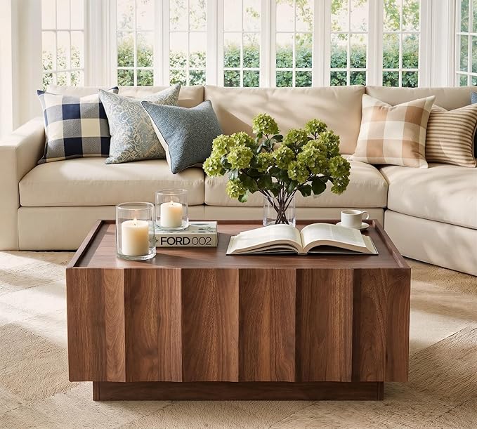 win2win Square Coffee Table with Storage, Mid Century Modern Coffee Table with Wave Design, Wood Grain Finish, Minimalist Center Table with Top-Edge Finger Pull Design for Living Room, Office, Walnut