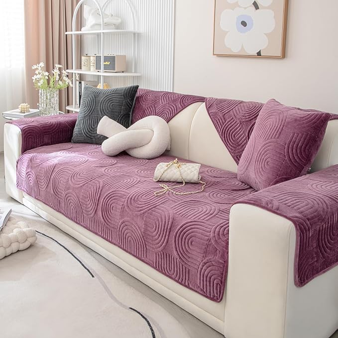 Soft Plush Geometric Quilted Couch Sofa Cover Boho Non Slip Fuzzy Sectional Couch Cover Solid Color Washable Sofa Slipcover Furniture Protector for Kids Dogs Cats (Purple,43"x82")