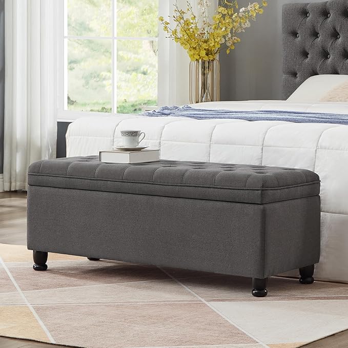 Upholstered Modern Upholstered Storage Ottoman Bench with Arms, 45" End of Bed Bench for Entryway, Bedroom, Living Room,Dark Grey