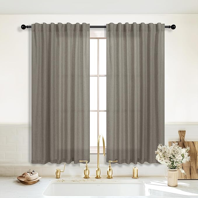 KOUFALL Bathroom Curtains Window Short,54 Inch Length Sheer Semi Privacy Linen Small Curtain for Bedroom 48 Windows,52x54 in Long,2 Panels Set,Taupe