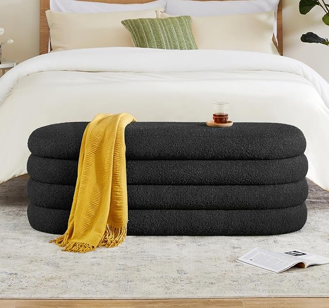 Busaurus Storage Ottoman Bench 49.2 Inch Upholstered Fabric Storage Bench for Bedroom End of Bed Aesthetic Large Oval Ottoman for Living Room Entryway (Black)