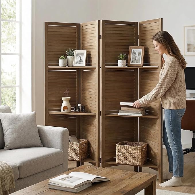 Bluecat 4 Panel Room Divider with Shelves, 64" W x 67" H Foldable Privacy Screen, Freestanding Solid Wood Partition Wall for Home Office Bedroom, No Assembly Required, Natural