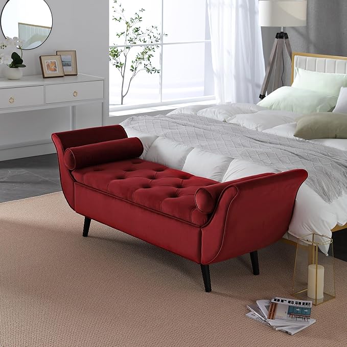 65" Velvet Storage Bench, 65" Vintage Upholstered Rolled Armed Button Tufted Stool Bench for Bedroom, Living Room, Entryway, Hallway, Dressing Room (Wine-red)