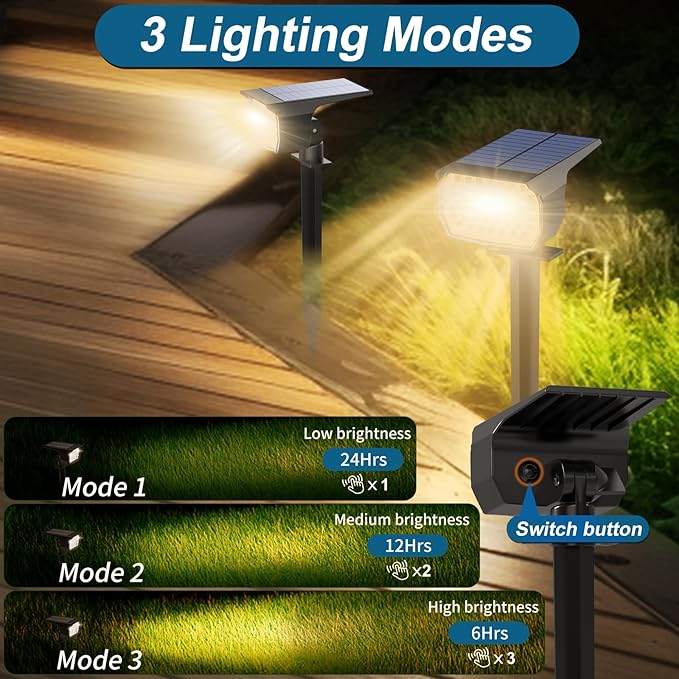 WENATY Solar Spot Lights Outdoor Waterproof IP65, 6 Pack Landscape Spotlights with 46 LEDs, 3 Modes Auto On/Off Solar Powered Flood Lights for Outside Pathway, Yard, Garden, Walkway (Warm White)