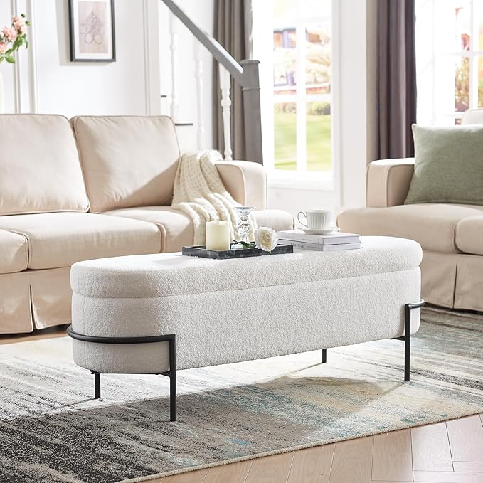FiveWillowise Sherpa Storage Ottoman Bench for Bedroom, White End of Bed Bench with Storage, Upholstered Boucle Storage Bench with Metal Stand and Hinges, Oval Ottoman for Living Room, 45 Inch