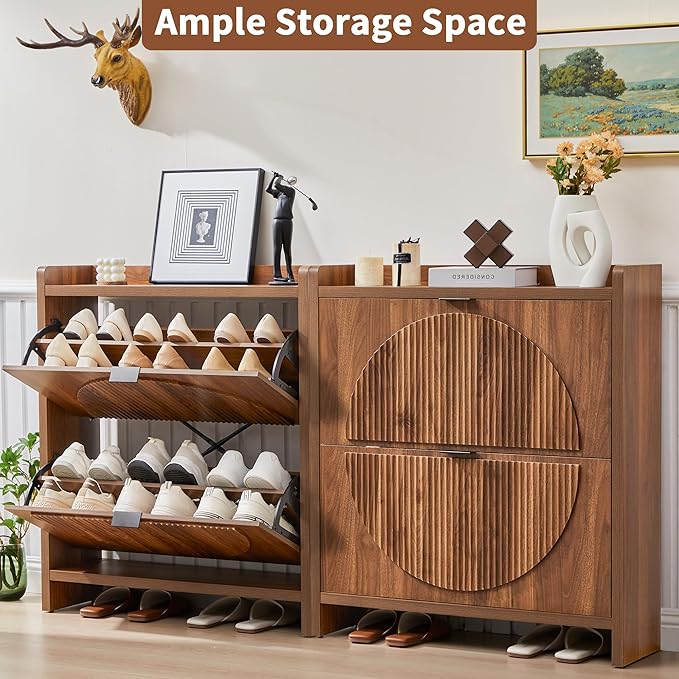 Narrow Shoe Cabinet Storage for Entryway, Wood Slim Shoe Rack Cabinet with 2 Flip Drawers, Freestanding Hidden Shoe Storage Organizer, Space-Saving, Fluted Pattern for Hallway,Living Room (Walnut)