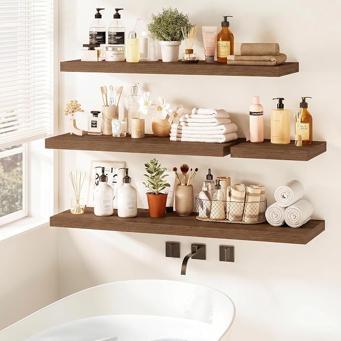 Vivelove Walnut Floating Shelves for wall, 24 Inch Wall Display Shelves with Invisible Brackets, for Bathroom Living Room Kitchen Bedroom Office Farmhouse Home Decor, 24X9.3X1.5 - Set of 2, Walnut