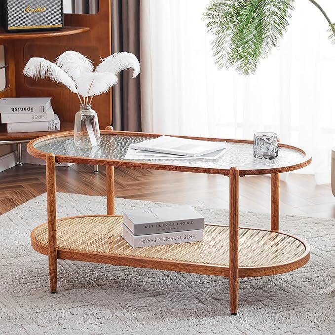 VINGLI 38" Rattan Oval Coffee Table, Water-Wave Glass Metal Center Table, Modern Coffees Table with 2-Tier Storage, Farmhouse Coffe Table for Living Room and Small Space, Natural Vibe