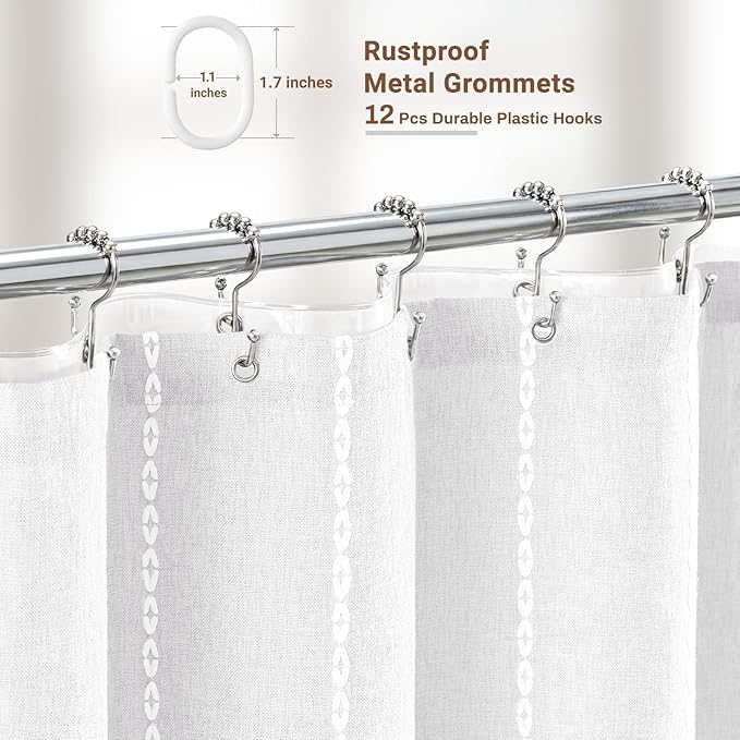 BTTN 3 in 1 Shower Curtain with Liner, 80 Inch Long Boho Linen Striped Cloth Shower Curtain Set with Hook, Tall Rustic Farmhouse Bohemian Waterproof Fabric Shower Curtain for Bathroom, White, 72x80
