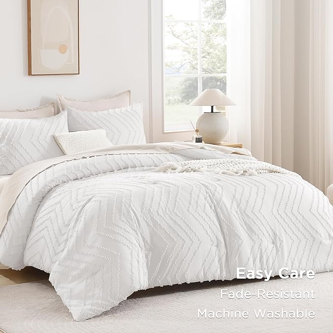 Andency White Oversized Super King Comforter Set 120x120, Extra Large King Size Comforter Oversize Boho Soft Warm Bedding Comforter Sets, 3 Pieces Aesthetic Chevron Textured Bedding Set