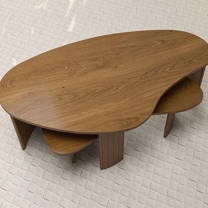 Mid Century Modern Nesting Coffee Table Set of 2, Walnut Wood Grain Veneer with Fluted Legs, Farmhouse & Contemporary End Tables for Living Room