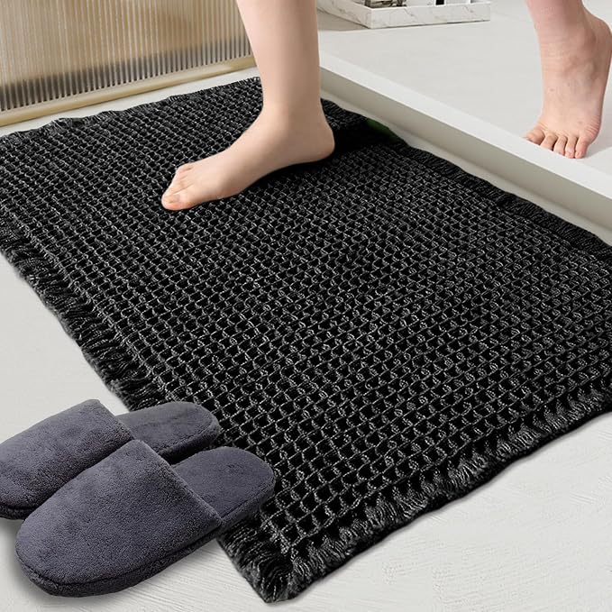 ZALL Waffle Bath Mat Black Super Absorbent Non Slip Bathroom Rug,Rhombus Geometric 18x30inch,Machine Washable Ultra Soft Floor Mats