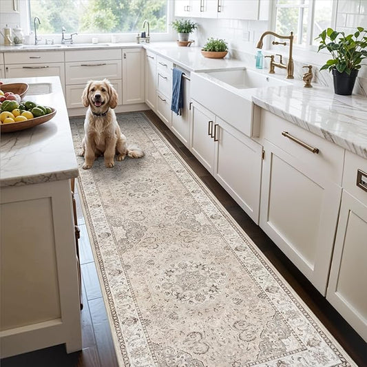Hallway Washable Runner Rug - 2x7 Kitchen Rugs Entryway Rug Runner Vintage Soft Floor Mat Non Slip Indoor Farmhouse Carpet for Bathroom Living Room Bedroom (2 X 7, Beige)