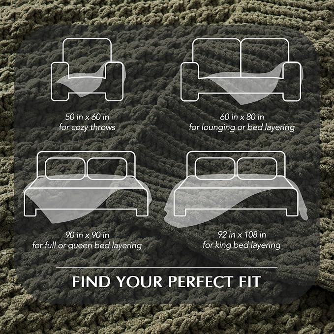EVERGRACEHOME Chunky Chenille Knit Throw Blanket for Couch, Soft Luxurious Oversized Queen Moss Stitch Blanket for Bed, Cozy Farmhouse Knitted Throw for Sofa, Olive Green, 90" x 90"