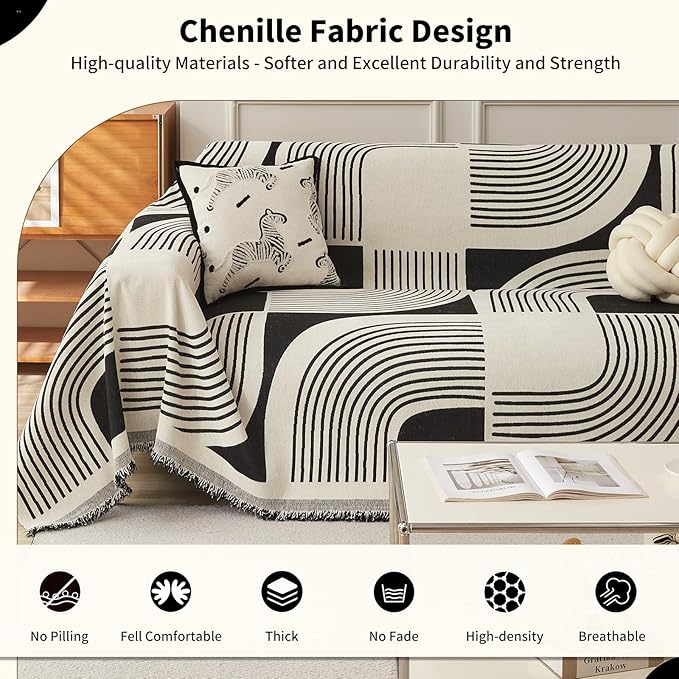 WEYOND Boho Couch Cover Sofa Covers Washable, Chenille Couch Covers for 3 Cushion Couch Sofa Pet Friendly, Bohemian Sofa Slipcovers for Sectional Sofa, Loveseat, 2 3 4 Seater (71" x 102", Black)