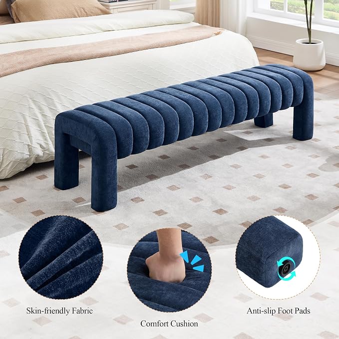 63’’ Bedroom Bench, Upholstered End of Bed Bench with Solid Wood Legs, Modern Long Dining Bench with Full Covered Fabrics for Entryway, Bedroom, Living Room (Blue, Chenille)