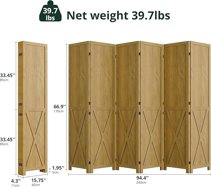Cozy Castle 6 Panel Folding Room Divider, Solid Wood Privacy Screen, Freestanding Partition Wall, Temporary Wall for Home/Office/Bedroom/Restaurant, Natural