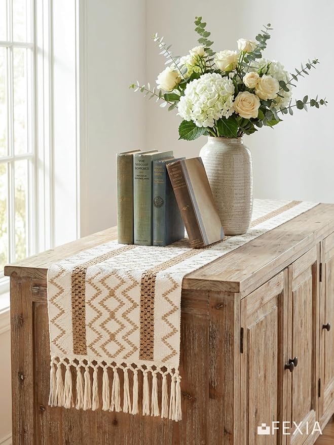 FEXIA Macrame Woven Bobo Table Runner with Hollow and Tassels Design 12x72 Inches for Home Decor Farmhouse Rustic Table Decoration for Living Room, Dining Room