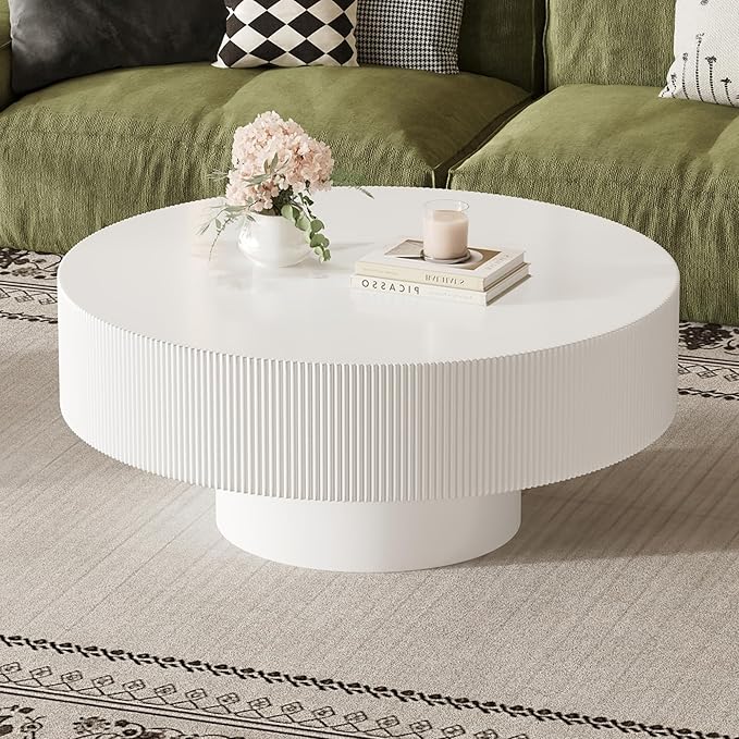 Merax Modern 35.4 Inch Round Large Coffee Table with Sturdy Base, Wood Center Table for Living Room Reception Room, Easy Assemble, White
