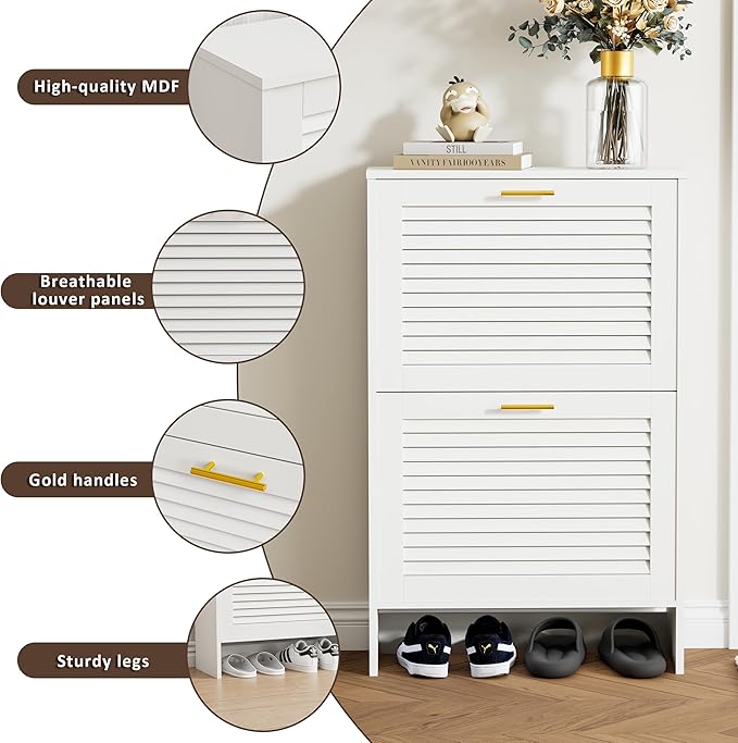 Shoe Cabinet Storage, Hidden Shoe Organizer, Modern Freestanding Organizer with 2 Flip Drawers Louvered Shoe Cabinet for Entryway (White, 2 Drawers)
