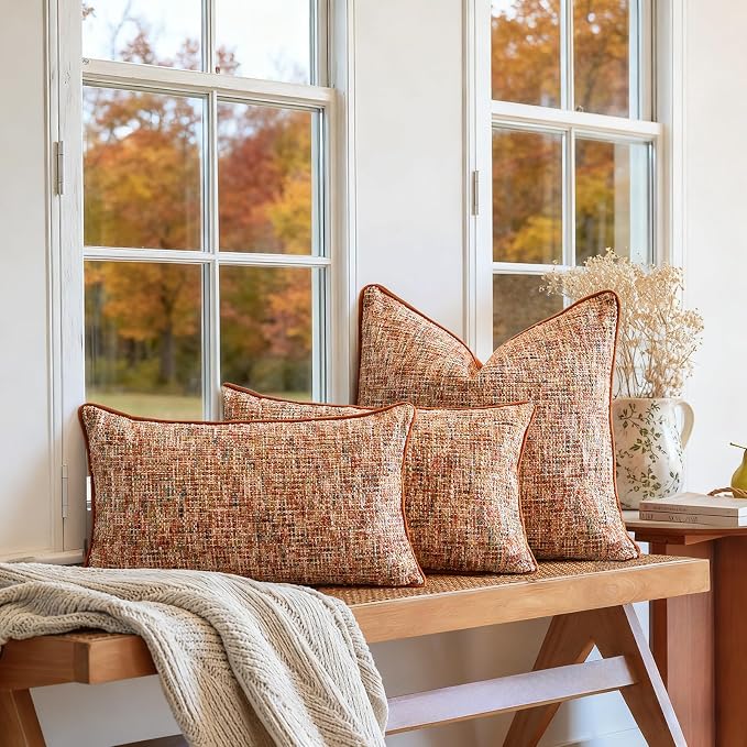 a moment Rust Orange Reversible Pillow Covers 2 Pack - Farmhouse Chenille Throw Pillows, Neutral Textured Decorative Throw Pillow Covers with Border for Couch Sofa Bed (18x18 Inch, No Insert)